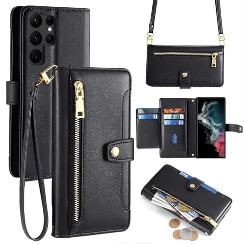Handykette kompatibel mit Samsung Galaxy S22 Ultra | Leder Handyhülle mit Kartenfächern | Handyhülle zum Umhängen | Schwarz