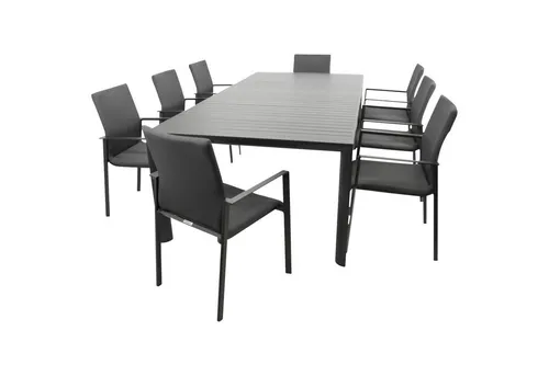 DEGAMO Garnitur LAGOS XL 9-teilig - Gartenmöbel-Set für bis zu 14 Personen, mit ausziehbarem Tisch und wetterfesten Sesselpolstern für maximalen Komfort.