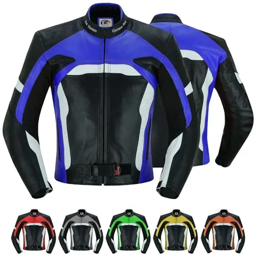 German Wear Herren Motorradjacke Lederjacke mit Protektoren, Frabe:Dunkelblau;Größe:4XL