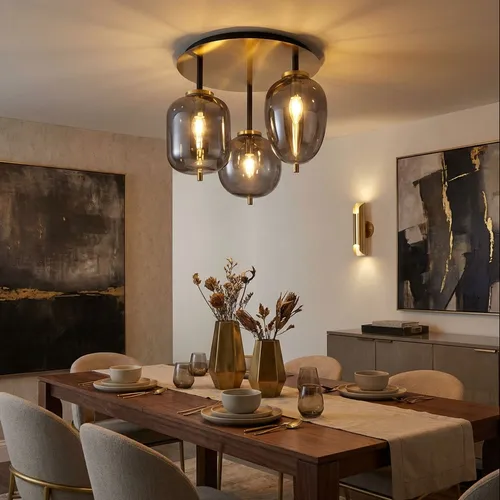 Deckenlampe Glas 3 flammig - Elegante Wohnzimmerleuchte mit Messingdetails - Lampen: Stilvolle Deckenleuchte mit 3 E14 Fassungen und rauchigen Glasschirmen, ideal für gemütliche Wohnräume. Maximale Leistung: 3x 40W.