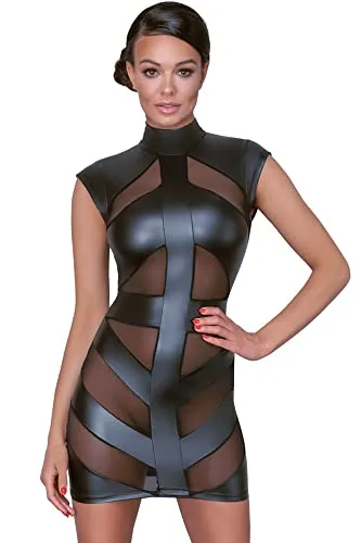 Cottelli PARTY Damen Kleid - 27179051021, Schwarz, S - Leder & Latex Kleider für Damen, mit transparenten Powernet-Einsätzen und elegantem Stehkragen für einen verführerischen Look.