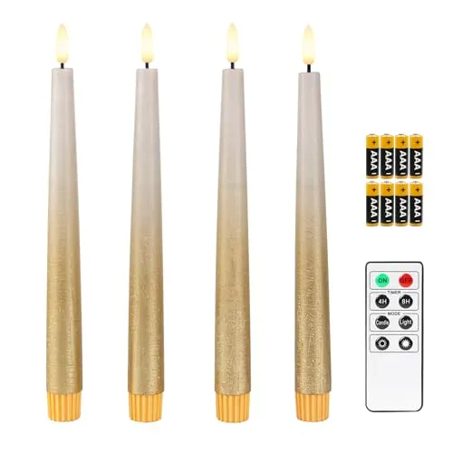 Fanna 4 Echtwachs LED Stabkerzen mit Fernbedienung - Rustikale Flammenlose Spitzkerzen für Weihnachten - Rustikale LED-Stabkerzen aus Echtwachs in Sandgrau und Gold, ideal für weihnachtliche Dekorationen. Mit Fernbedienung und Timer-Funktion für bequemen Einsatz. Perfekt für Esstisch, Wohnzimmer und Kamin.
