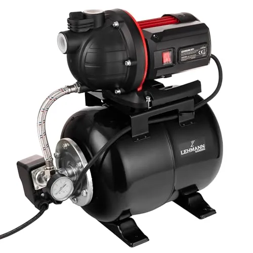 LEHMANN Hauswasserwerk HP1, 800 W, 5200 l/h, 19 L Stahldruckkessel, 43 m Förderhöhe, max. 4,3 bar Druck, 8 m Ansaughöhe, selbstansaugend, Überlastungsschutz, integriertem Manometer, Schwarz
