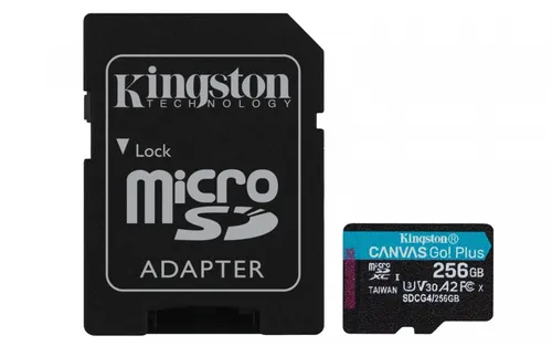Kingston Canvas Go Plus microSDXC 256GB - 200MB/s A2 U3 V30 - Speicherkarten für Action-Kameras und Drohnen, optimiert für blitzschnelle 4K-Videoaufnahmen und mobiles Gaming mit A2 für schnelle App-Ladezeiten.