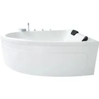 Basera Eck-Badewanne Guam Rechts 180 x 130 cm - Badewanne für 2 Personen mit Wasserfall und LED-Ambiente, bietet optimale Wärmespeicherung und Komfort durch gepolsterte Kopfstützen.