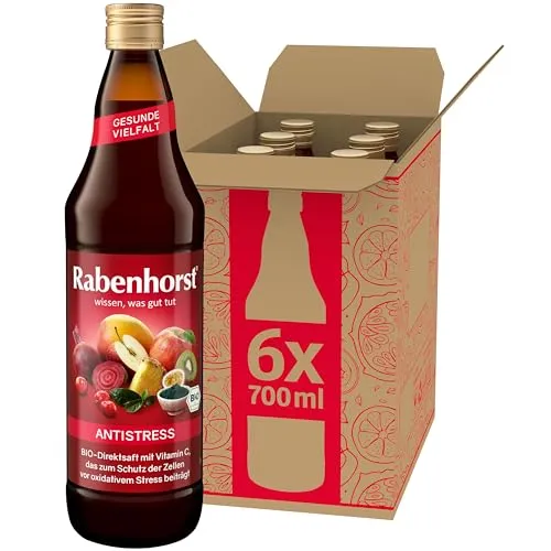 RABENHORST Antistress 6er Pack (6 x 700 ml). Mehrfrucht-Rote-Bete-Saft in Bio-Qualität mit Matcha und Spirulina-Algen