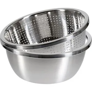 Gräwe Seiher mit Schüssel, Ø 28 cm aus Edelstahl - Rührschüsseln-Set aus rostfreiem Edelstahl, spülmaschinengeeignet und mit Messskala. Ideal zum Abtropfen von Salat, Obst und Nudeln, platzsparend stapelbar.