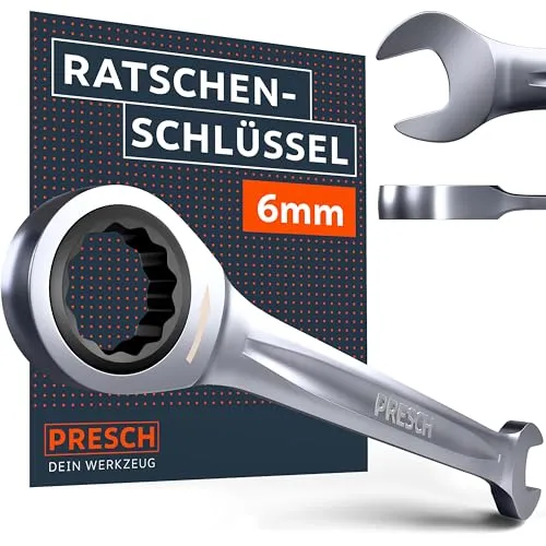 PRESCH Ratschenschlüssel 6mm - Minimaler Rückholwinkel (5°, 72 Zähne) - 15° abgewinkelt für beengte Stellen - Robuster, präzisionsgefertigter Ringratschenschlüssel