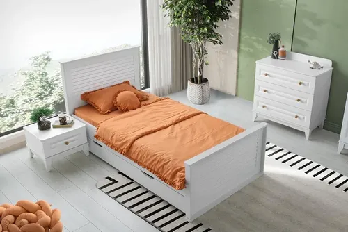 Schlafzimmer Set 3tlg für Kinderzimmer – Bett, Nachttisch & Kommode - Moderne Schlafzimmergarnitur für Kinder mit Bett (100x200 cm), Nachttisch und Kommode. Bietet viel Stauraum und Platz für Spielsachen. Hochwertiges Holz und zeitloses Design.