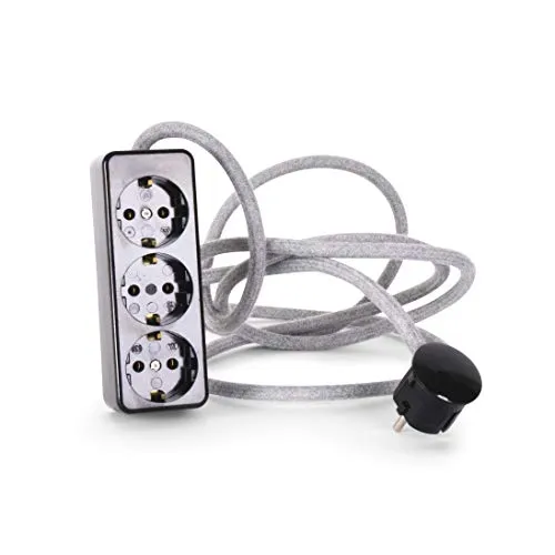 3-Fach Steckdosenleiste aus Duroplast (Bakelit-Optik) schwarz, mit 2.5 Meter Textilkabel Zuleitung, Hellgrau