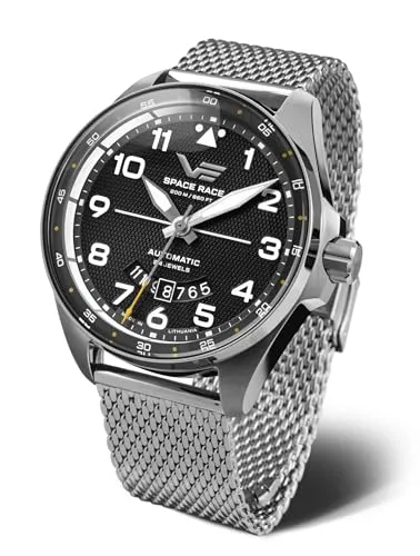 Vostok Europe Space Race Herrenuhr Automatik mit Milanaiseband 20 ATM - Limitierte Automatik-Uhr mit Edelstahlgehäuse, 20 ATM wasserdicht und 40 Stunden Gangreserve. Elegantes Design mit leuchtenden Zeigern und schwarzem Zifferblatt für optimale Ablesbarkeit.