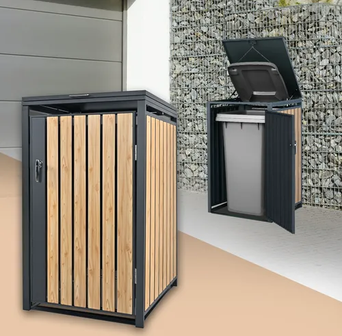 ML-Design Mülltonnenbox 1er für 240L Tonne - Mülltonnenbox aus pulverbeschichtetem Stahl in eleganter Anthrazit-Lärchenoptik, wetterfest und abschließbar. Mit smarten Zugseilen für einfaches Entleeren und optimaler Luftzirkulation.
