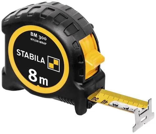 STABILA Taschenbandmaß BM 300, 8m - Präzises Taschenbandmaß mit 8m Länge und metrischer 1000er-Skala, ideal für handwerkliche Anwendungen und präzise Messungen.