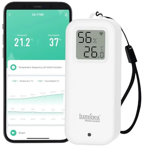 Luminea Home Control Thermohygrometer: WLAN-Temperatur- und Luftfeuchtigkeitssensor mit Display, App (Smart Thermometer für Innenräume, WiFi Thermo-Hygrometer)