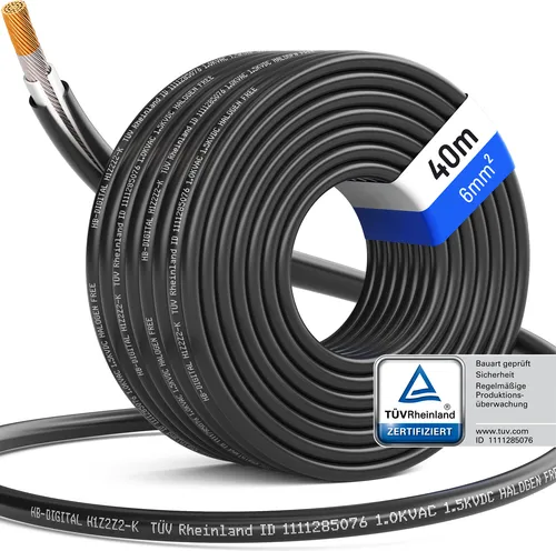 hb-digital 40m Solarkabel 6 mm² H1Z2Z2-K - Hochwertiges Solarkabel für Solaranlagen, UV-beständig und temperaturbeständig von -40°C bis +90°C, ideal für zuverlässige Energieübertragung.