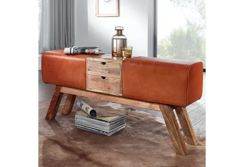 FineBuy Turnbock Sitzbank aus Echtleder 120 cm - Sitzbänke im modernen Retro-Style mit praktischem Stauraum durch zwei Schubladen und fest verbundenen Sitzpolstern. Ideal für stilvolle Wohnräume.