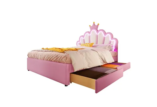 REDOM Polsterbett Kronenförmiges Prinzessinnenbett, Stauraumbett (Polsterbett, für Kinder, mit 16 Farben Fernbedienung, Kronen-Design, verstellbares Kopfteil, 2 Schubladen., 140*200cm), ohne Matratze