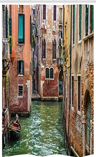 ABAKUHAUS Venedig Schmaler Duschvorhang, Berühmte Strassen auf dem Wasser, Badezimmer Deko Set aus Stoff mit Haken, 120 x 180 cm, Grün Hellbraun