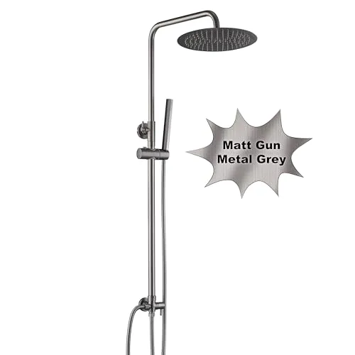 JOHO Edelstahl Duschset ohne Armatur - Regendusche Duschsystem in Gunmetal Grau - Bad- & Duscharmaturen mit hochwertigem 10-Zoll Edelstahl Duschkopf, höhenverstellbarer Duschstange und Twist-Free Brauseschlauch für ein ungehindertes Duscherlebnis.