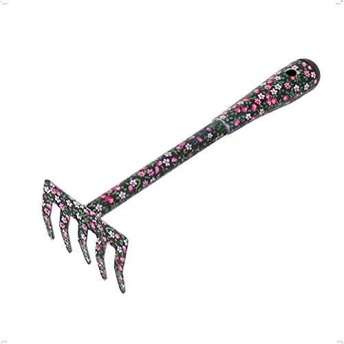 Rekord Kleinrechen mit Blumenmotiv aus Stahl, Länge: 28 cm mit 5 Zinken & Aufhängeloch, Blumenrechen, Handrechen, Laubrechen, Gartenrechen, Harke, Rasenrechen
