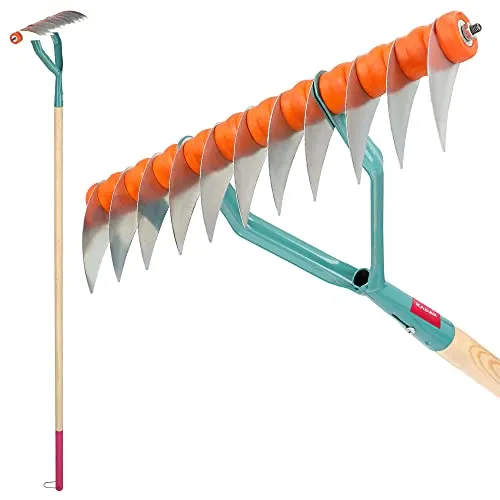 KADAX Vertikutierer, 168cm Handvertikutierer mit Holzsteil, Schneidrechen mit Stahlklinge, Rasenlüfter für Garten, Beete und Rasen, Kultivator, Gartenzubehör