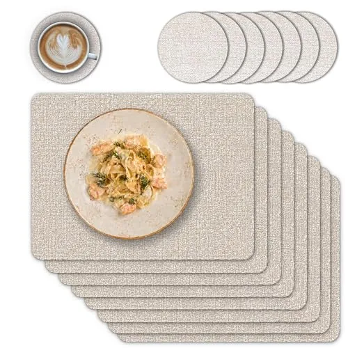 matches21 HOME & HOBBY Tischsets mit Untersetzer 8er Set Beige - abwaschbare Leinen Stoff-Optik Platzsets
