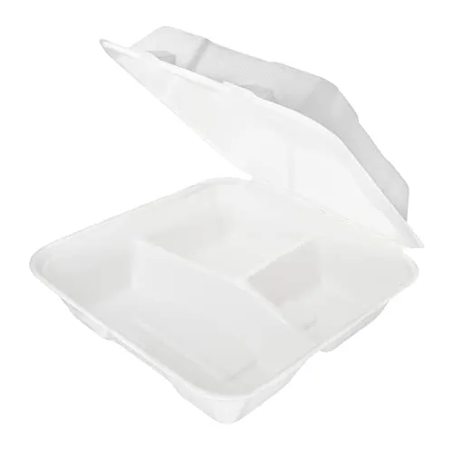 wisefood Zuckerrohr Einweg Schalen, Bagasse Menüboxen weiß 20x22x8,5 cm, 3 Kammern Lunchboxen mit Klappdeckel, Takeaway, Biologisch abbaubares Zuckerrohr Geschirr ohne PLA/PE (200 Stk.)