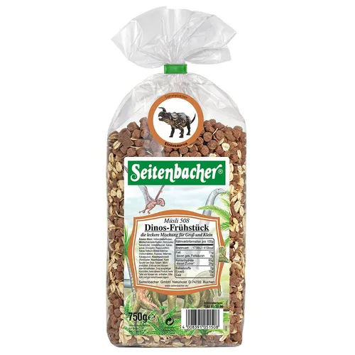 Seitenbacher® Dinos Frühstück - Müsli mit Vollmilchschokolade, Vollkorngetreide und Haselnusskrokant. Ideal für einen gesunden Einstieg in die Naturkost mit hohem Ballaststoffgehalt.