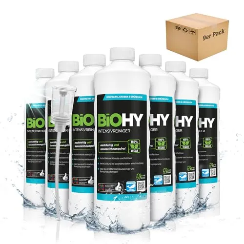 BiOHY Intensivreiniger Universal (9 x 1 Liter) + Dosierer | Hocheffektiver Industriereiniger | ideal für Hochdruckreiniger | Fugenreiniger |Bio Konzentrat für Fliesen & Holzböden