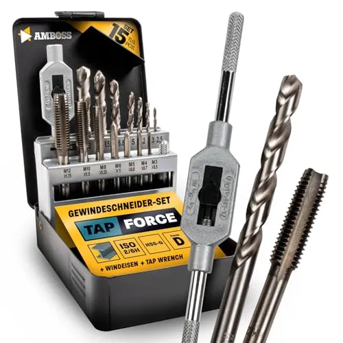 Gewindeschneider Set Metrisch, M3 - M12, 15tlg. HSS-G/Windeisen/Amboss Tap Force/Gewindeschneidsatz, Gewindeschneidsortiment, Schneidsatz, Gewindebohrer Set / M3 & M4 & M5 & M6 & M8 & M10 & M12