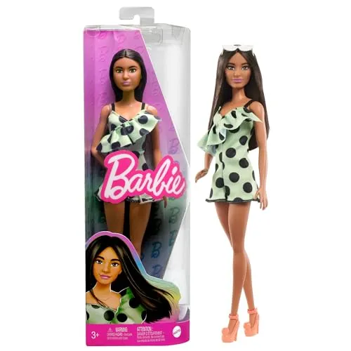 Barbie HPF76 - Kinderspielzeuge und Geschenke, braunhaarig mit gepunktetem Jumpsuit, Fashionistas, Kleidung und Zubehör, ab 3 Jahren