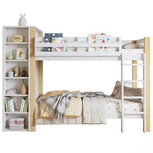 Etagenbett, Kinderbett mit Fallschutz und Gitter, mit 4-stufiger Leiter, 6 offenen Regalen, Kleiderschrank seitlich, Reichlich Stauraum,Kiefer+PB