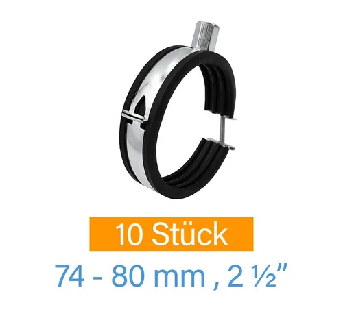 Symbionet Rohrschelle 10x Stahl 74-80 mm - 2 1/2 Zoll Rohrhalter - Befestigungen für Heizungs- und Wasserinstallationen, mit einfacher Einhandmontage und hervorragendem Korrosionsschutz durch Verzinkung.