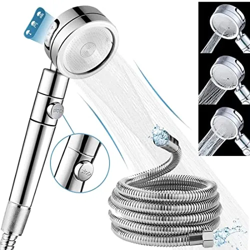 Duschkopf - Duschkopf mit Schlauch 2m - Regendusche Duschbrause Wassersparend Hochdruck mit 3 Strahlarten - Universal Handbrause Druckerhöhend Brausekopf mit Stoppfunktion Taste für Baden &Spa- Chrom