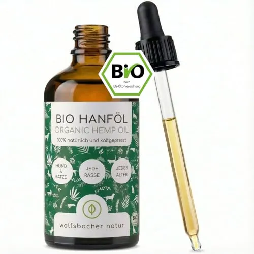 Bio Hanföl für Hunde und Katzen 50ml - 100% Natürlich und Kaltgepresst - Haut- & Fellpflege bei Hunden, reich an Omega 3-6-9 Fettsäuren zur Unterstützung von Haut und Fell sowie als natürliches Beruhigungsmittel gegen Stress.
