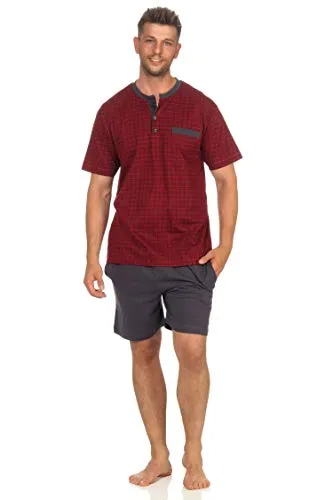 Herren Shorty Pyjama Schlafanzug Kurzarm mit Knopfleiste am Hals in edler Karo Optik, Größe2:48, Farbe:rot