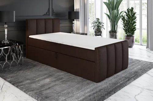 Boxspringbett FUNI 80x200 (Rechts) mit Bettkästen - Dunkelbraun - Komfortables Jugendbett mit praktischen Bettkästen zur Aufbewahrung. Hochwertige Bonell-Matratze und Topper für erholsamen Schlaf. Perfekt für Schlafzimmer oder Hotelzimmer.