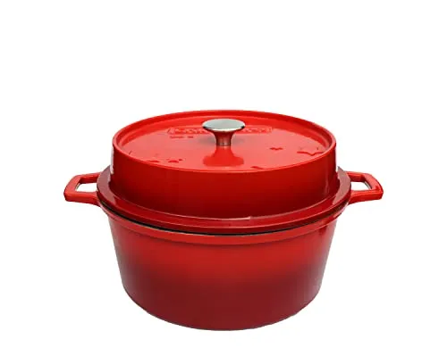 Grillfürst Dutch Oven 6L - roter emaillierter Gusseisentopf - Kasserolle mit 6 Liter Fassungsvermögen, kratzfester roter Emaille, ideal zum Braten, Kochen und Backen - sofort einsatzbereit ohne Einbrennen.