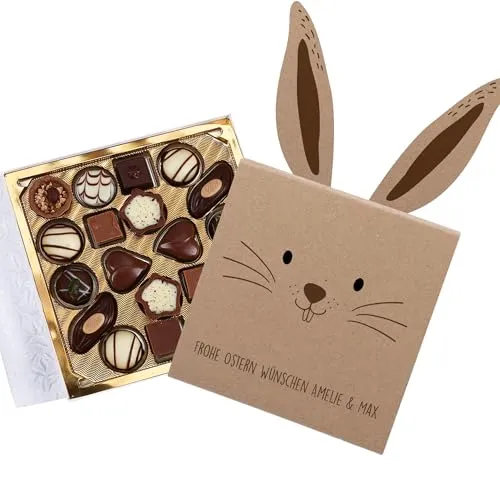 Herz & Heim® Personalisierbare Pralinenbox Ostern – Pralinen in süßer Hasenverpackung – Geschenk für Ostern mit Wunschtext – Schokolade als Osterüberraschung für Familie, Freunde & Kollegen