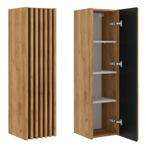 Lomadox Badmöbel Hochschrank Eiche Nb. mit Lamellenfront - Hoch- & Midischränke fürs Bad, bietet trendige Lamellenfronten und Softclose-Funktion für ein modernes Badezimmererlebnis.