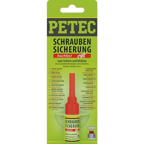 PETEC Schraubensicherung Hochfest rot 5g. Schrauben Kleber zum Sichern und Dichten. Starker Klebstoff Schraubenkleber für Muttern, Bolzen und Gewindegrößen bis M20. 92005