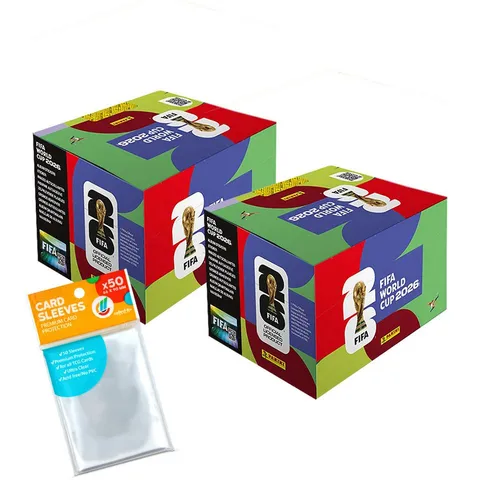 Panini Sammelkarte World Cup 2026 Sticker - 2 Displays mit Hüllen - Entdecken Sie 2 Displays mit je 100 Tüten zur WM 2026. Jede Tüte enthält 7 Sticker und 40 exklusive Sleeves für die perfekte Aufbewahrung. Tauchen Sie ein in die Welt des Fußballs und sammeln Sie die besten Momente dieser einzigartigen Veranstaltung!