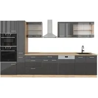 Vicco Küchenzeile R-Line 350 cm, Anthrazit Hochglanz/Goldkraft Eiche - Küchenzeilen mit höhenverstellbaren Füßen für optimale Anpassung und viel Stauraum. Ideal für Ihre Traumküche, um Freunde und Familie zu beeindrucken.