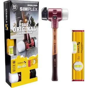 HALDER SIMPLEX Schonhammer Ø 60 mm mit STABILA Wasserwaage - Hämmer: Ergonomischer Schonhammer mit Standfuß für rückenschonendes Arbeiten und präzise STABILA Wasserwaage für exakte Messungen in jedem Projekt.