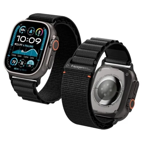 Spigen Basis-Stoffarmband mit Hakenverschluss Entwickelt für Apple Watch Ultra 2/1 49mm, Serie 11/10 46mm, 9/8/7 45mm, SE2/SE/6/5/4 44mm - Schwarz