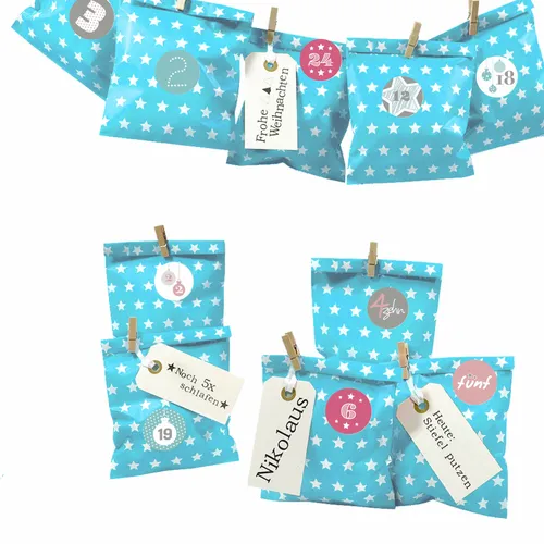 DIY Adventskalender Bescherung blau Stern Papiertueten flach Ziffern pastell