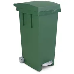Tretabfallbehälter mit Rollen, 80 Liter, grün - Praktischer 80-Liter-Abfallbehälter mit Rollen aus robustem Polypropylen. Ideal für den Innen- und Außenbereich. Der Fußpedal-Deckel öffnet automatisch und schließt selbstständig. Mit Klemmring für Müllsäcke.