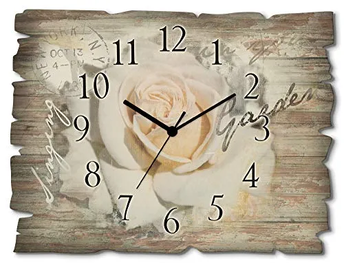 ARTLAND Wanddeko Wanduhr ohne Tickgeräusche aus Holz Quarzuhr 40x30 cm Rechteckig Lautlos Blumen Rose Blüten Text Elegant Originell T5GJ