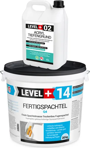20kg Spachtelmasse + 5L Tiefengrund Fertigspachtel Finish Q4 Set600 - Mörtel Set für perfekte Oberflächen: Gebrauchsfertiger Polymer-Gips-Flächenglätter mit idealer Haftung und elastischer Struktur – perfekt für Wände und Decken!