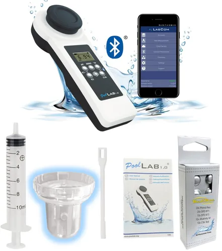 in 1 PoolLab 1.0 Photometer - Special Edition - Wassertester für Pools: Elektronisches Handphotometer zur präzisen Wasseranalyse mit 70 Testtabletten, Bluetooth-Funktion und stabiler Aufbewahrungsbox für einfache Nutzung und mobile Datenauswertung.